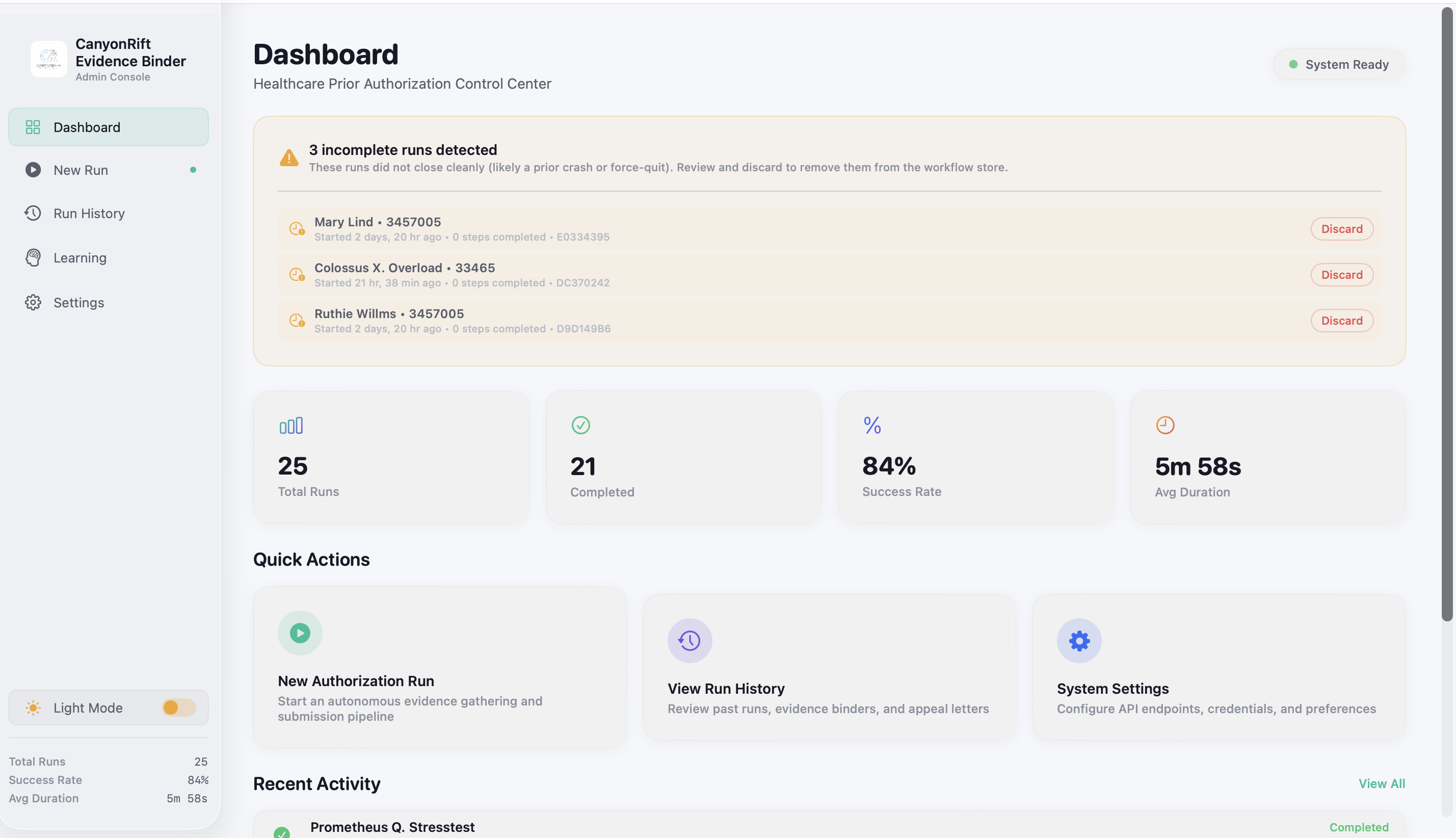 CanyonRift Dashboard showing 25 total runs, 84% success rate, and quick actions