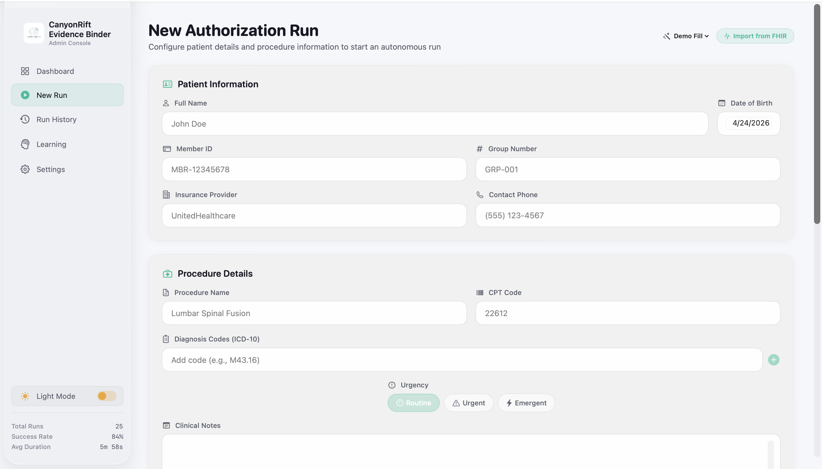New Authorization Run form with patient information, procedure details, and CPT code