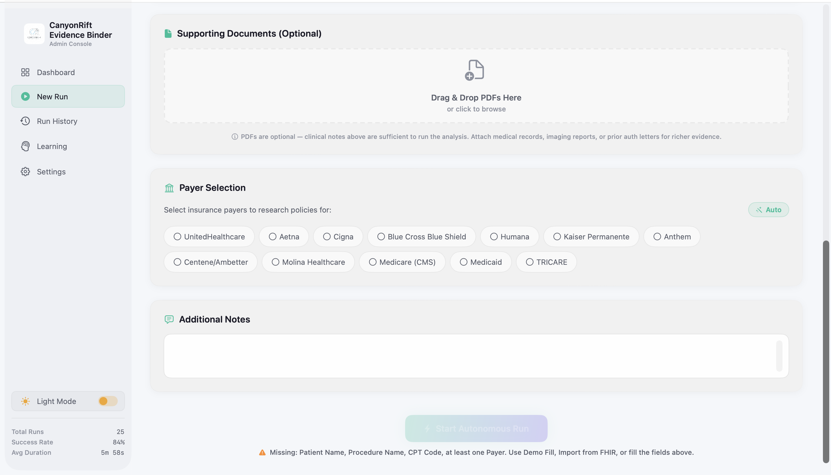 Payer selection with 12 supported insurance providers and document upload