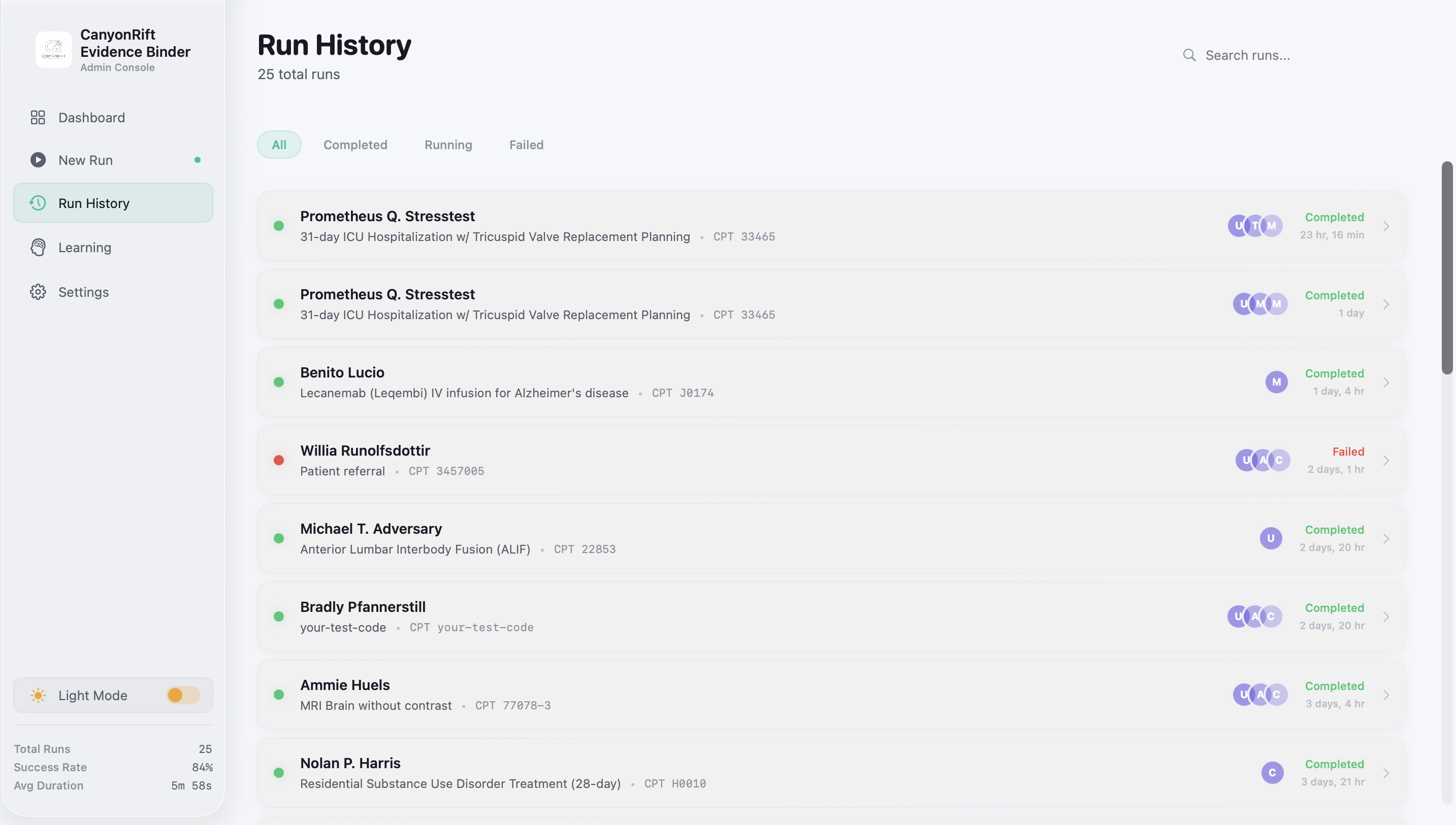 Run History showing completed authorization runs with completion times